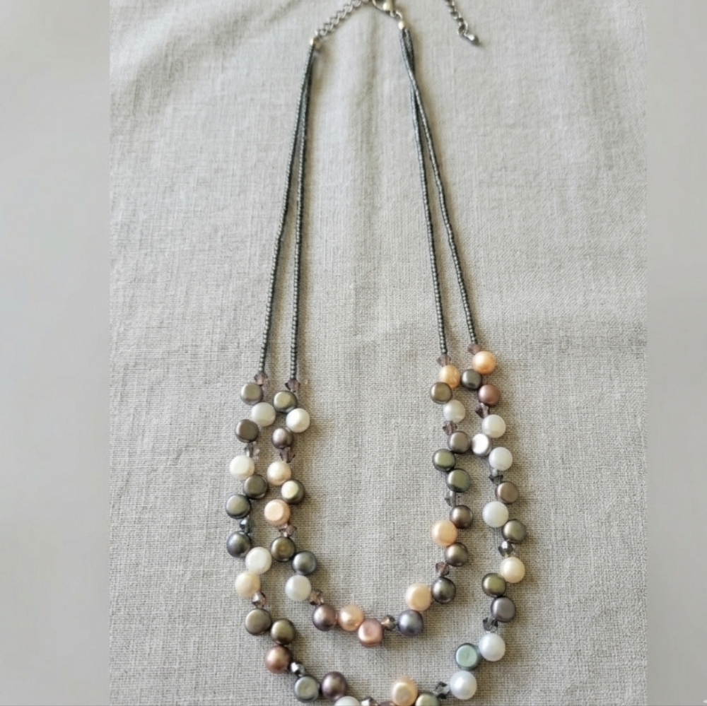 Lia Sophia Freshwater Pearl Double Strand Layered Neutral Iridescent Necklace
